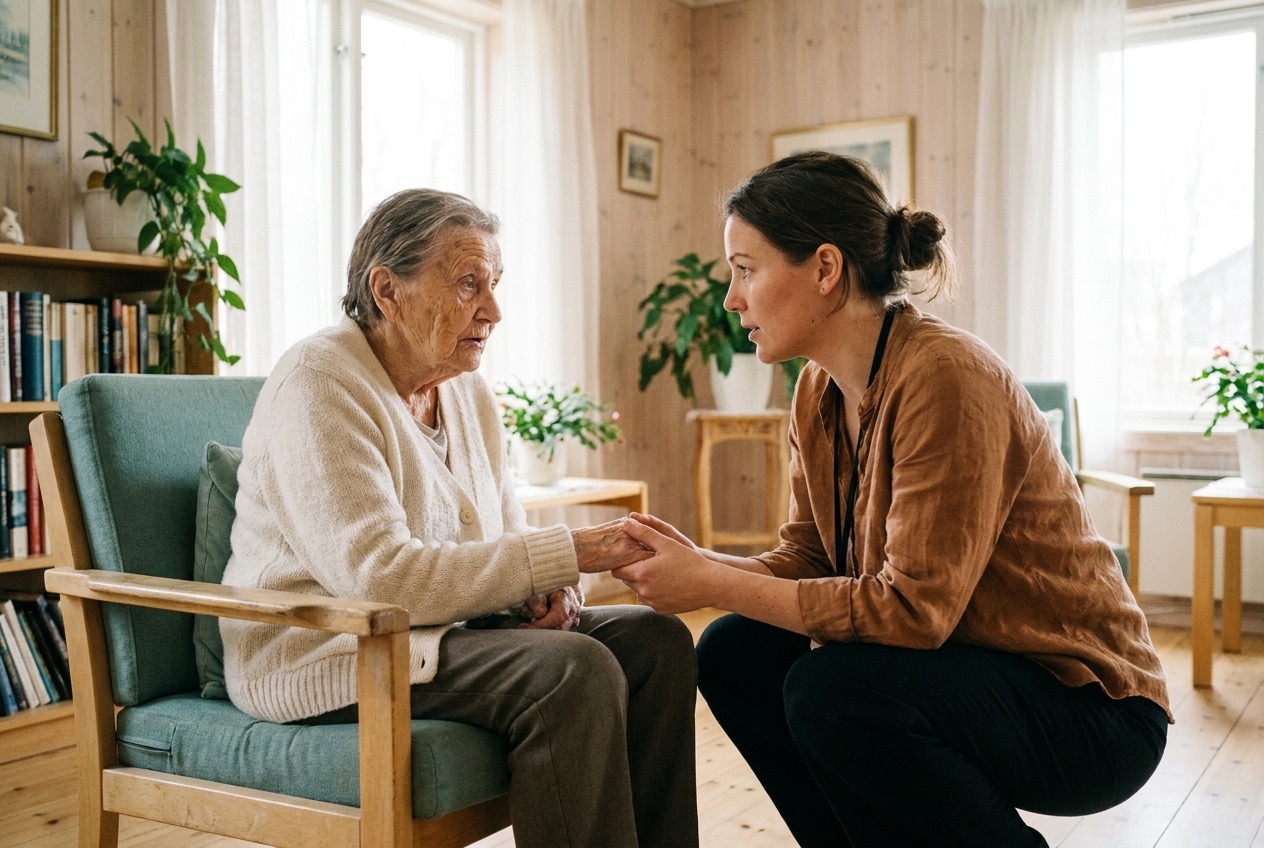 A nurse practitioner kneels beside an elderly woman in an armchair, holding her hand in a warm, sunlit room.