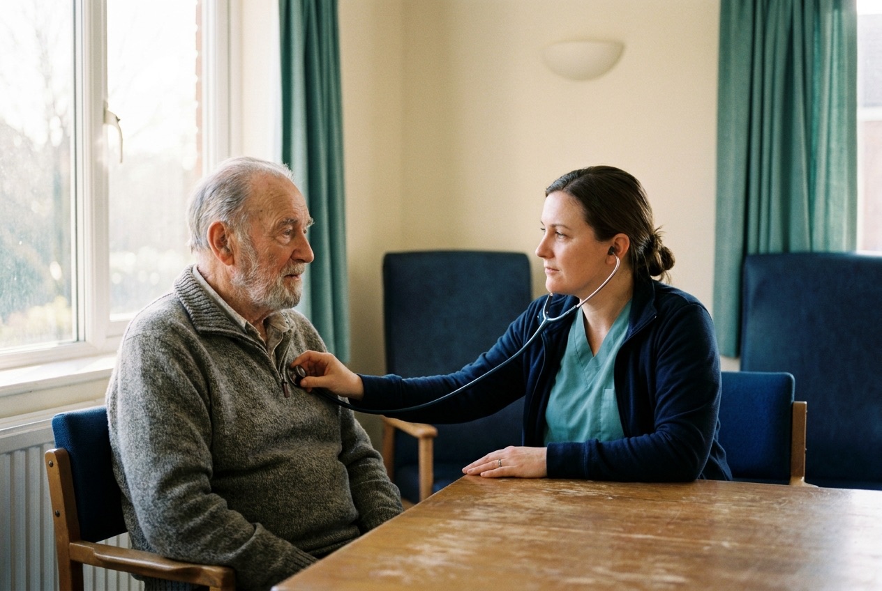 A nurse practitioner examines an older man with a stethoscope at a table in a senior-care room with warm daylight.